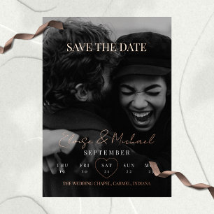 Invitación Con Relieve Metalizado Calendario con Foto Elegante Doble Cara Save The D