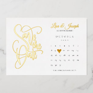 Invitación Con Relieve Metalizado Calendario Corazón de amor Guardar la fecha oro