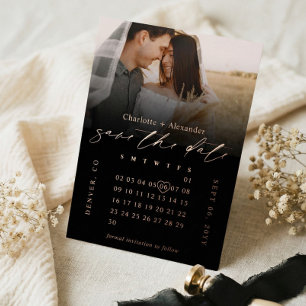 Invitación Con Relieve Metalizado Calendario de Boda Minimalista en Negro con Foto S