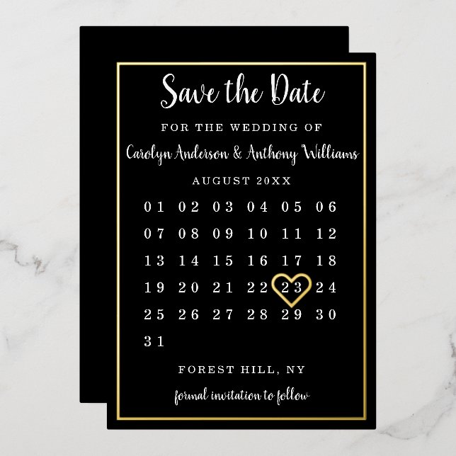 Invitación Con Relieve Metalizado Calendario moderno Guardar la fecha real (Anverso/Reverso)