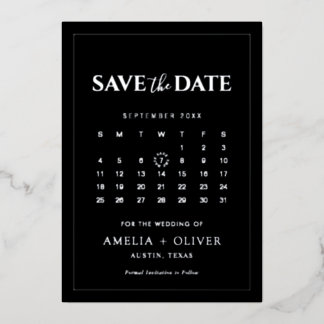 Invitación Con Relieve Metalizado Calendario negro moderno con hoja de plata Save Th