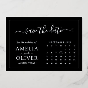 Invitación Con Relieve Metalizado Calendario negro moderno de papel de plata Save Th