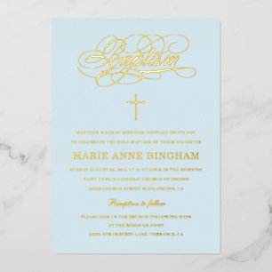 Invitación Con Relieve Metalizado Caligrafía azul claro elegante bautismo oro