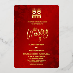 Invitación Con Relieve Metalizado Caligrafía Boda China Rojo Dorado