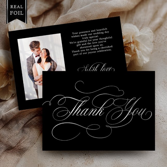 Invitación Con Relieve Metalizado Caligrafía boda plateado intemporal Gracias tarjet (Calligraphy timeless Silver foil wedding Thank you card)