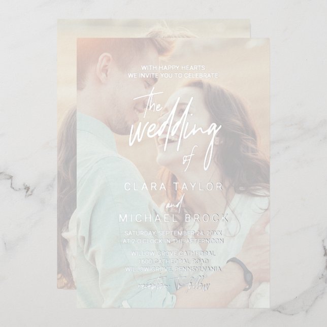 Invitación Con Relieve Metalizado Caligrafía caprichosa | Boda de fotografía Relieve (Anverso/Reverso)