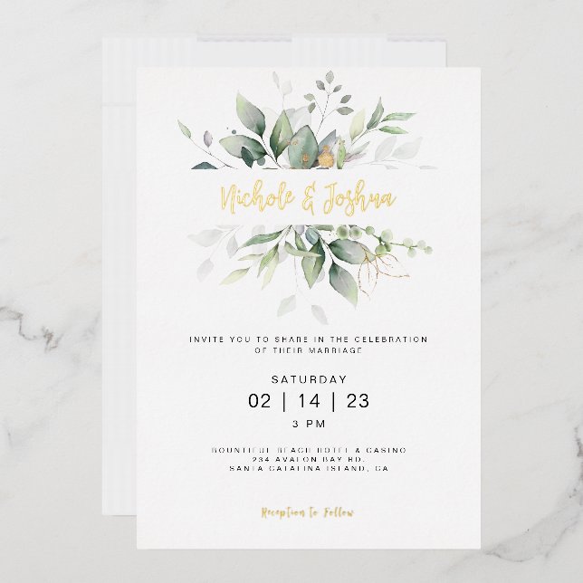 Invitación Con Relieve Metalizado Caligrafía clásica de Eucalipto Boda (Sobre)