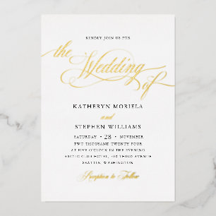 Invitación Con Relieve Metalizado Caligrafía clásica romana en oro para boda
