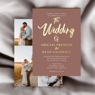 Invitación Con Relieve Metalizado Caligrafía con Pincel 4 Foto Bodas Marrón