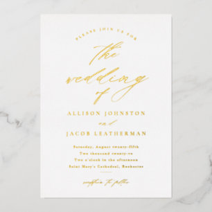 Invitación Con Relieve Metalizado Caligrafía de Llamada de Boda Simple en Oro