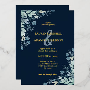 Invitación Con Relieve Metalizado Caligrafía de oro de la floración azul de la marin