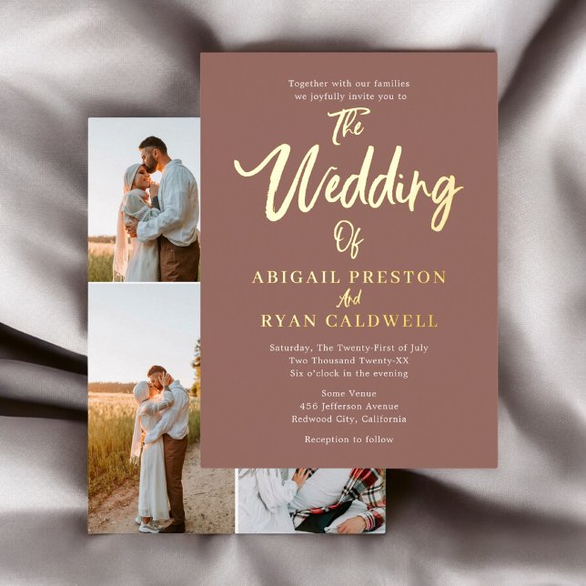 Invitación Con Relieve Metalizado Caligrafía de pincel 4 Boda de foto marrón (Subido por el creador)