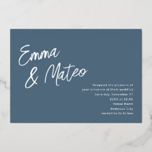 Invitación Con Relieve Metalizado Caligrafía de Pincel Minimalista Boda Azul Polvori