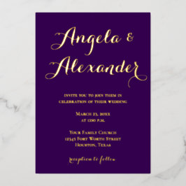 Invitación Con Relieve Metalizado Caligrafía decorativa moderna Boda morado oscuro