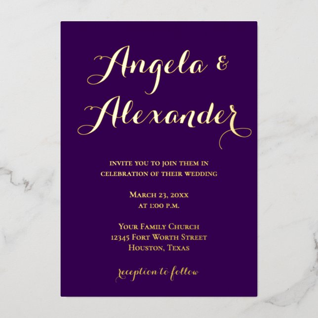 Invitación Con Relieve Metalizado Caligrafía decorativa moderna Boda morado oscuro (Anverso)