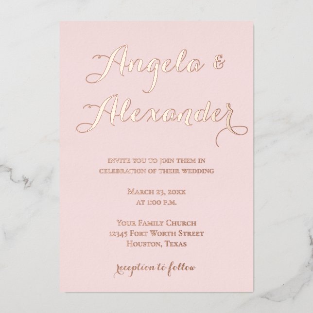 Invitación Con Relieve Metalizado Caligrafía decorativa moderna Boda rosa Rubor (Anverso)