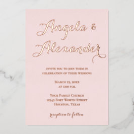 Invitación Con Relieve Metalizado Caligrafía Decorativa Moderna Rosa Claro Bodas
