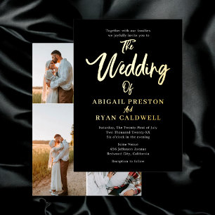 Invitación Con Relieve Metalizado Caligrafía del pincel 4 Boda negro fotográfico