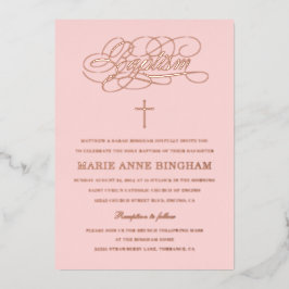 Invitación Con Relieve Metalizado Caligrafía elegante Bautizo Rosa Oro