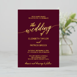 Invitación Con Relieve Metalizado Caligrafía elegante de pan de oro | Boda borgoña