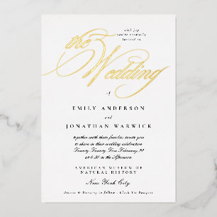 Invitación Con Relieve Metalizado Caligrafía elegante formal Esmoquin La boda Dorado