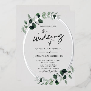 Invitación Con Relieve Metalizado Caligrafía eucaliptos en una plata Boda