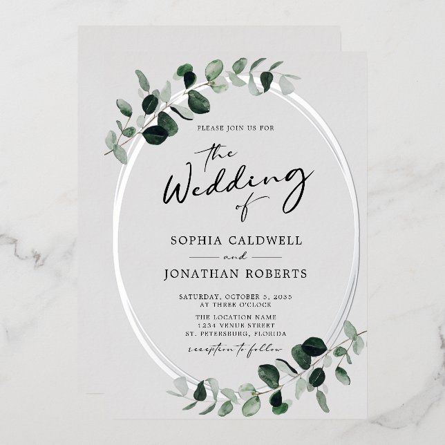 Invitación Con Relieve Metalizado Caligrafía eucaliptos en una plata Boda (Anverso/Reverso)