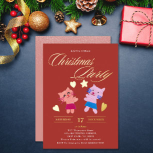 Invitación Con Relieve Metalizado Caligrafía festiva lindos gatos Navidades rojos fi