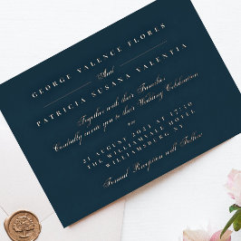Invitación Con Relieve Metalizado Caligrafía formal de la Marina de Oro Rosa Boda el