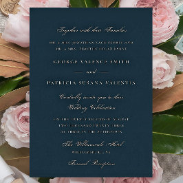 Invitación Con Relieve Metalizado Caligrafía formal de la Marina de Oro Rosa Boda el