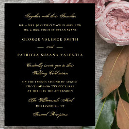 Invitación Con Relieve Metalizado Caligrafía formal dorada negra elegante matrimonio