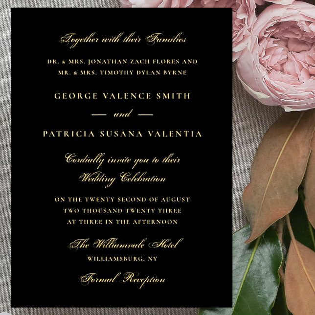 Invitación Con Relieve Metalizado Caligrafía formal dorada negra elegante matrimonio (Subido por el creador)