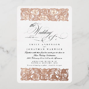 Invitación Con Relieve Metalizado Caligrafía Formal Nouveau Elegante Clásico Dorado