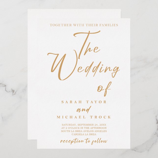 Invitación Con Relieve Metalizado Caligrafía Gold Elegant |Invitación a la boda blan (Anverso/Reverso)