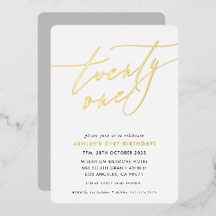 Invitación Con Relieve Metalizado Caligrafía minimalista chic cumpleaños 21 dorado