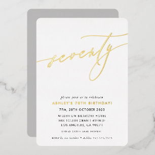 Invitación Con Relieve Metalizado CALIGRAFÍA MINIMALISTA chic cumpleaños 70 dorado