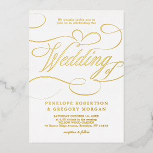 Invitación Con Relieve Metalizado Caligrafía moderna atemporal boda dorada y blanca
