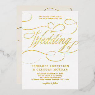 Invitación Con Relieve Metalizado Caligrafía moderna atemporal boda dorada y blanca