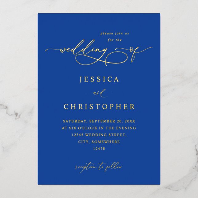 Invitación Con Relieve Metalizado Caligrafía moderna azul real 3 Boda (Anverso)