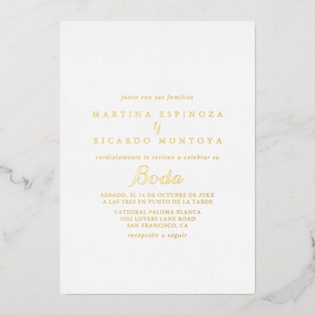 Invitación Con Relieve Metalizado Caligrafía moderna Boda español oro (Anverso)