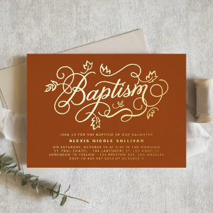 Invitación Con Relieve Metalizado Caligrafía moderna de follaje Bautizo naranja