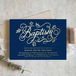 Invitación Con Relieve Metalizado Caligrafía moderna de hojas de bautizo azul