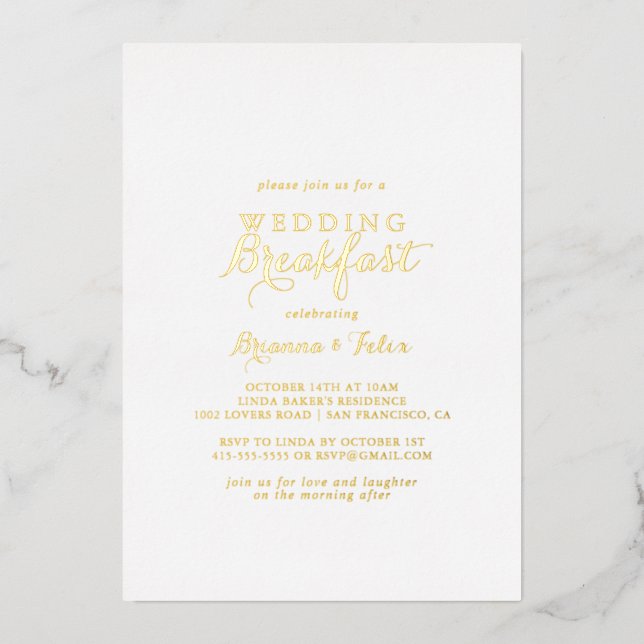 Invitación Con Relieve Metalizado Caligrafía moderna Desayuno de boda Dorado (Anverso)