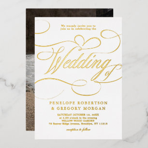 Invitación Con Relieve Metalizado Caligrafía moderna dorada atemporal foto boda