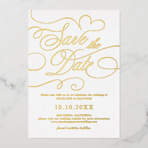 Invitación Con Relieve Metalizado Caligrafía moderna dorada atemporal Salva la Fecha