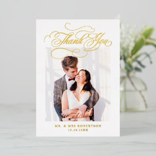 Invitación Con Relieve Metalizado Caligrafía moderna gracias boda oro atemporal