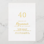Invitación Con Relieve Metalizado Caligrafía moderna Oro 40.º Fiesta de cumpleaños<br><div class="desc">Esta moderna caligrafía de 40 años de Relieve metalizado de oro fiesta es perfecta para un evento moderno. El diseño,  sencillo y elegante,  presenta una tipografía de escritura clásica y elegante en Relieve metalizado dorado.</div>