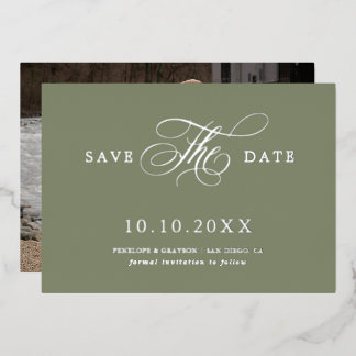 Invitación Con Relieve Metalizado Caligrafía moderna Verde Salvia Plata Salvar la Fe