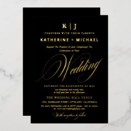 Invitación Con Relieve Metalizado Caligrafía Monograma de Guión Romántico Boda de Or