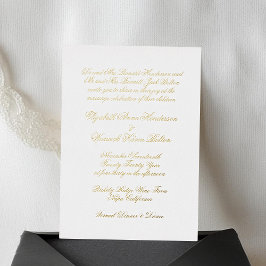 Invitación Con Relieve Metalizado Caligrafía Oro Real y Boda Clásica Blanca